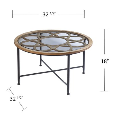 33" Floral Design Glass Top Round Coffee Table