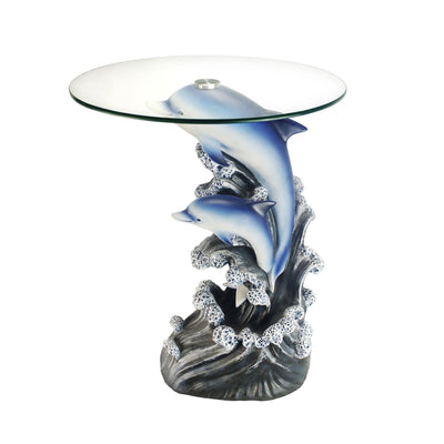 24" Blue And Clear Glass Polyresin Dolphins Round End Table