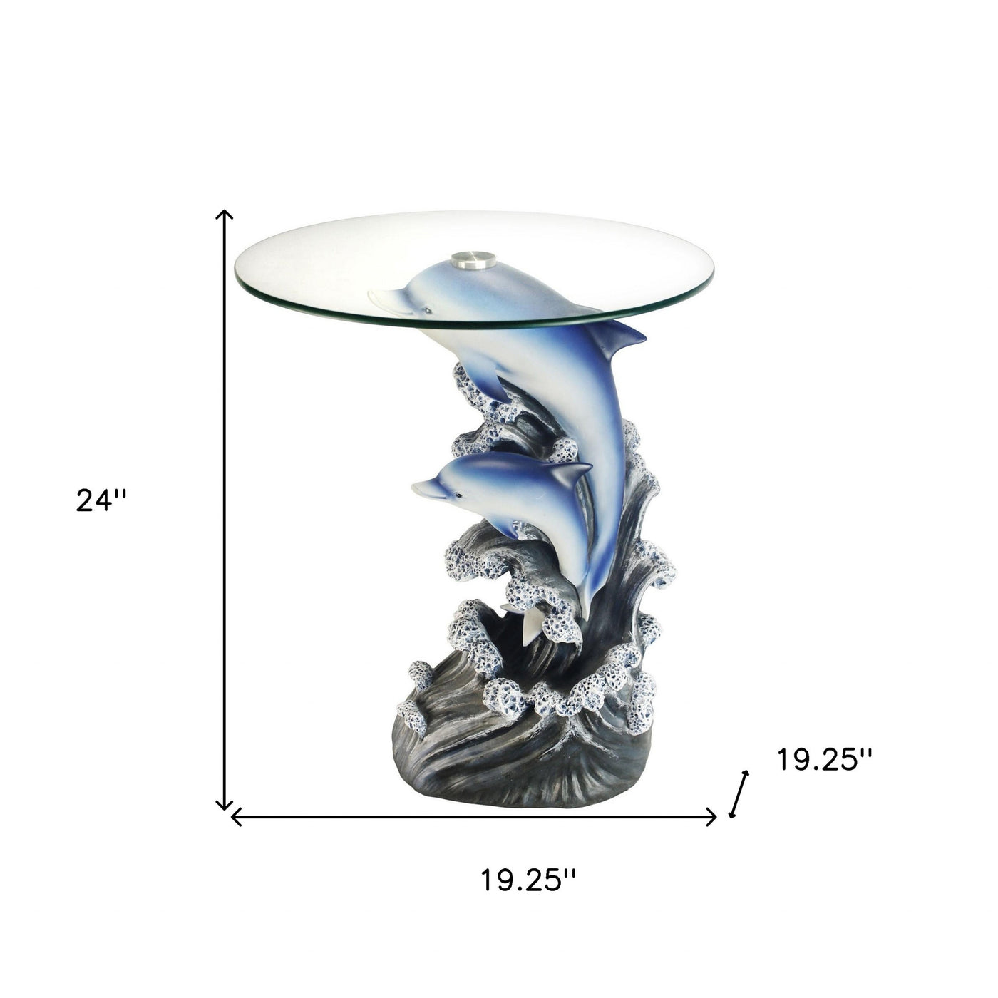24" Blue And Clear Glass Polyresin Dolphins Round End Table