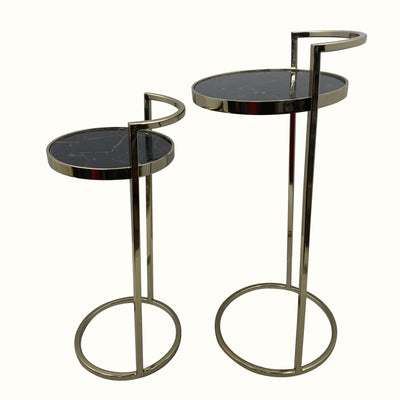 Set Of Two 27" Gold And Black Stone Round Nested Tables