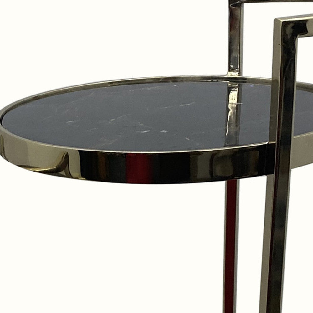 Set Of Two 27" Gold And Black Stone Round Nested Tables