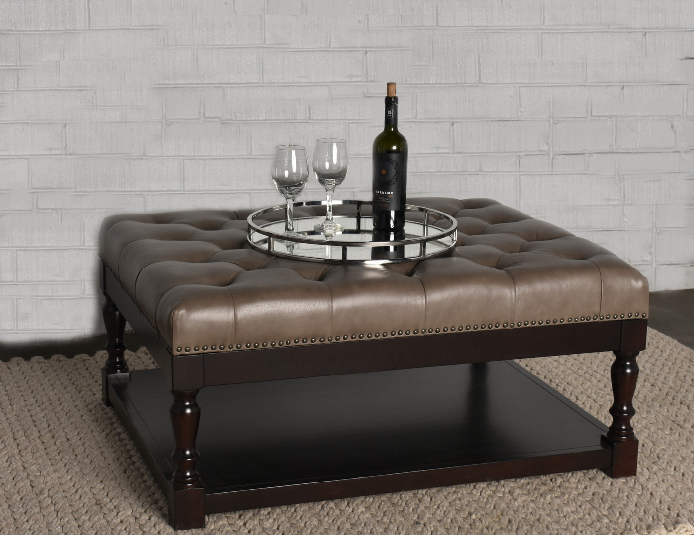 34.5" Dark Grey and Dark Brown Tufted Leather Coffee Table