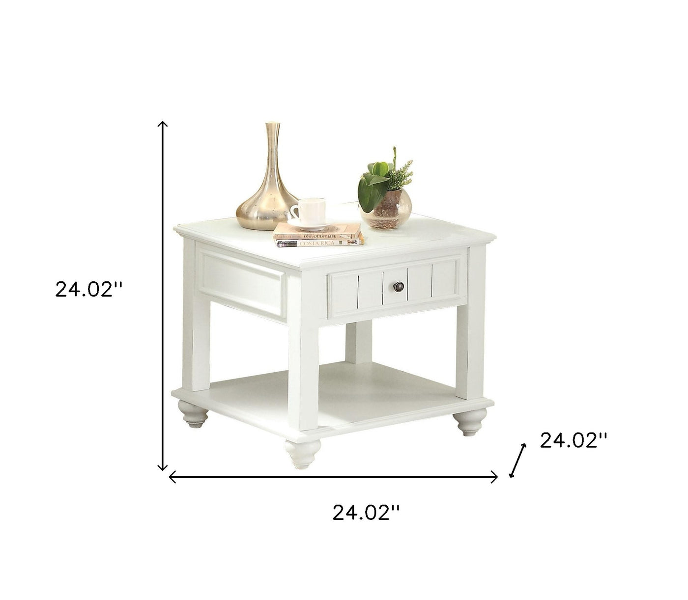 24" White Washed Square End Table With Drawer And Shelf