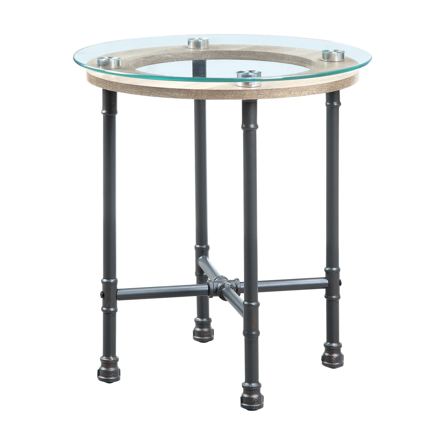 24" Sandy Gray And Clear Glass And Metal Round End Table