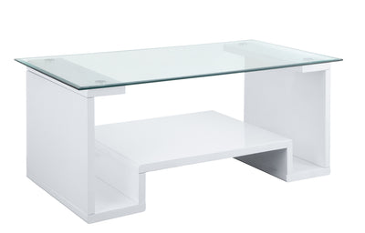 47" White And Clear Glass And Manufactured Wood Rectangular Coffee Table With Shelf