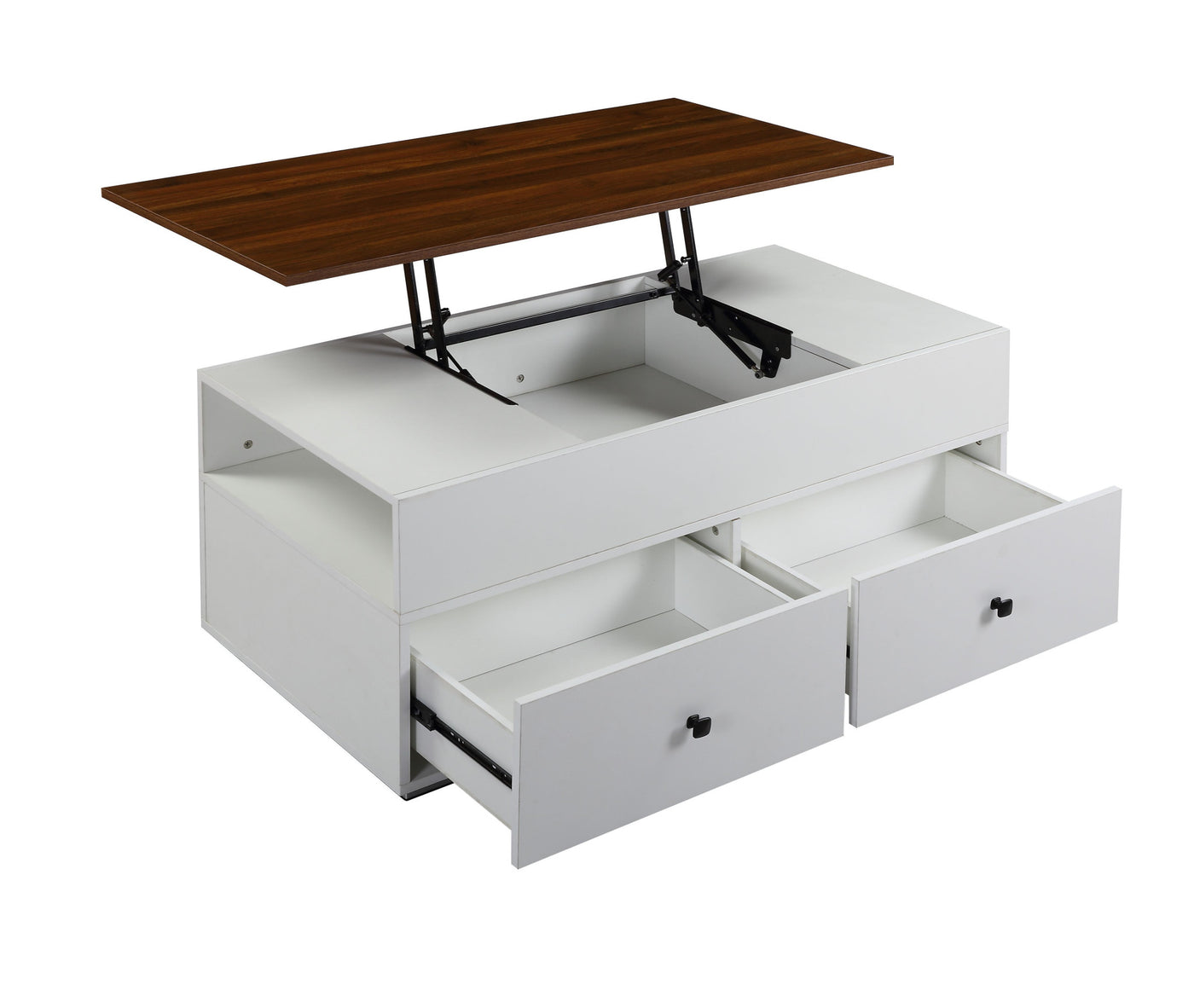 46" White And Walnut Melamine Veneer And Manufactured Wood Rectangular Lift Top Coffee Table With Two Drawers And Shelf