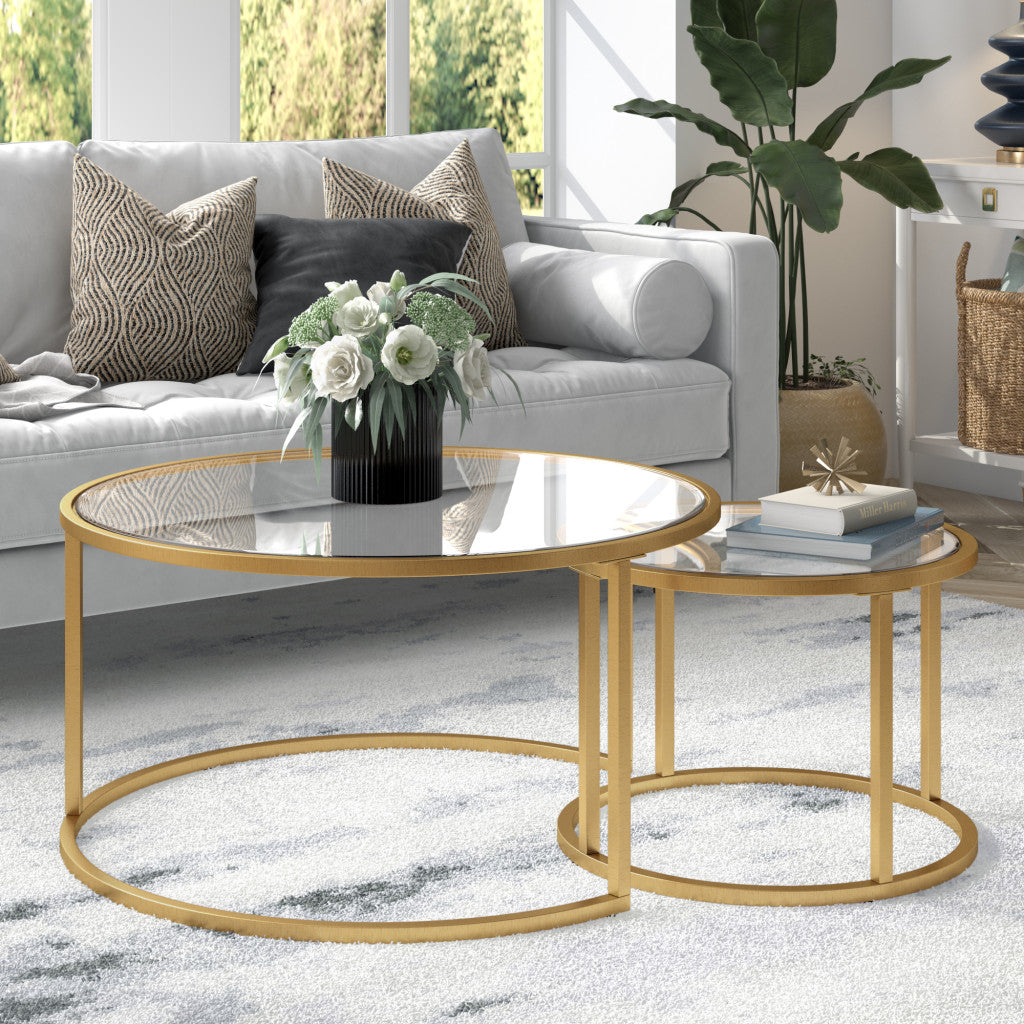 Set Of Two 35" Gold Glass Round Nested Coffee Tables