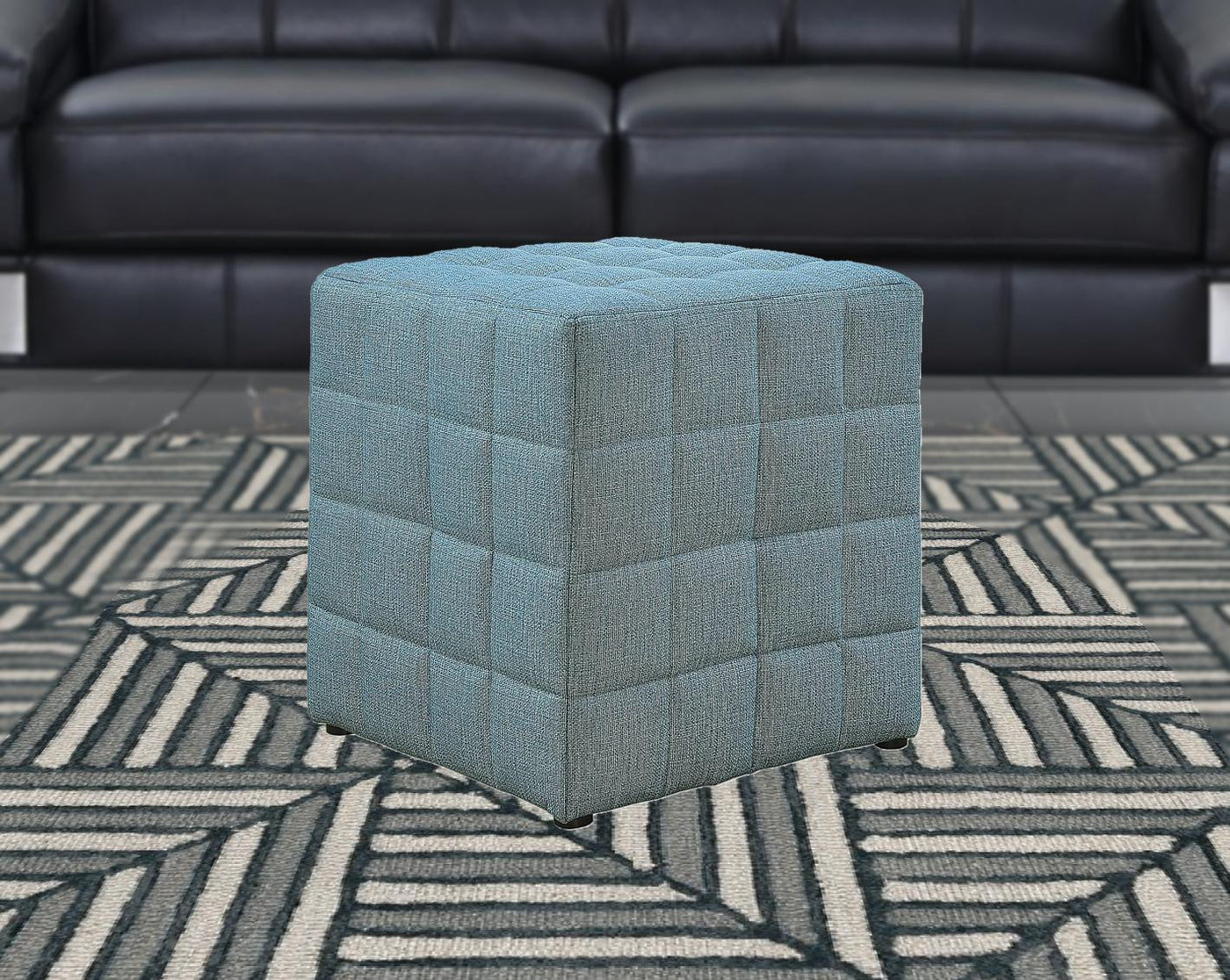 17" Light Blue Linen And Black Tufted Checkered Cube Ottoman