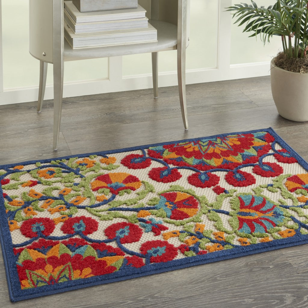3' X 4' Red And Ivory Floral Indoor Outdoor Area Rug