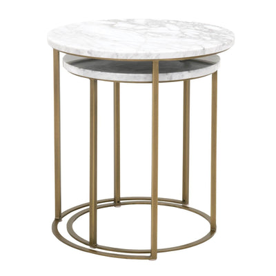 Set Of Two 21" Gold And White Marble Round Nested Tables
