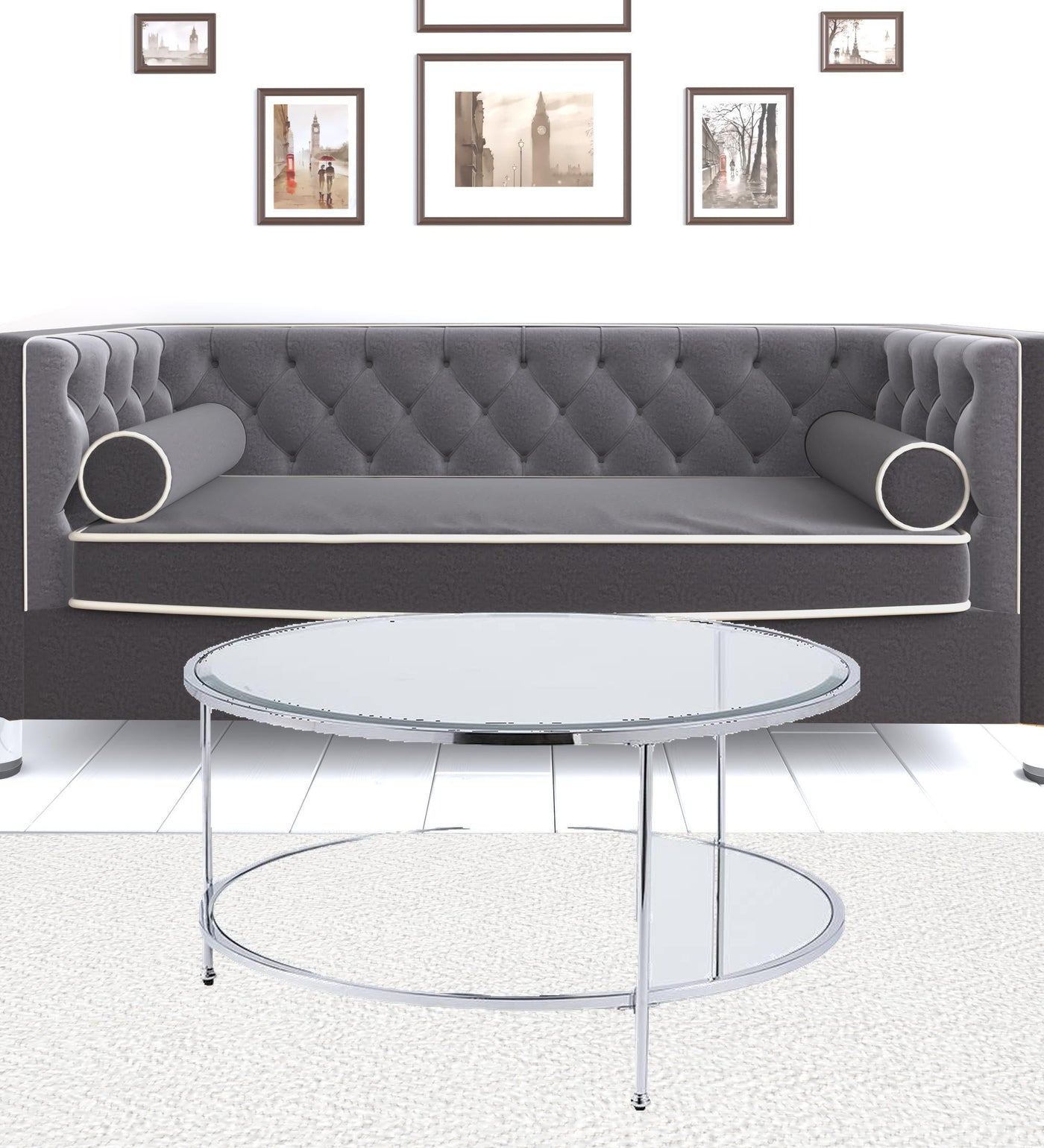 34" Chrome Glass And Metal Round Mirrored Coffee Table