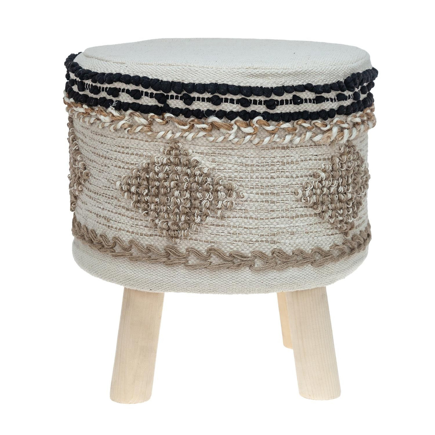 16" Beige Jute And Brown Round Abstract Ottoman