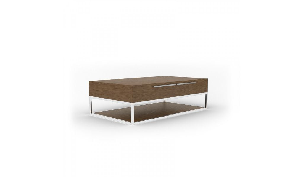 47" Silver And Walnut Rectangular Coffee Table With Two Drawers And Shelf
